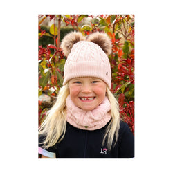 Hy Equestrian Morzine Children's Bobble Hat and Snood Bundle Set Beige/Grey/Pink