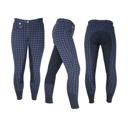 Hy Equestrian Ladies Harby Everyday Plaid Knee Patch Breeches Navy/Black 24-32'